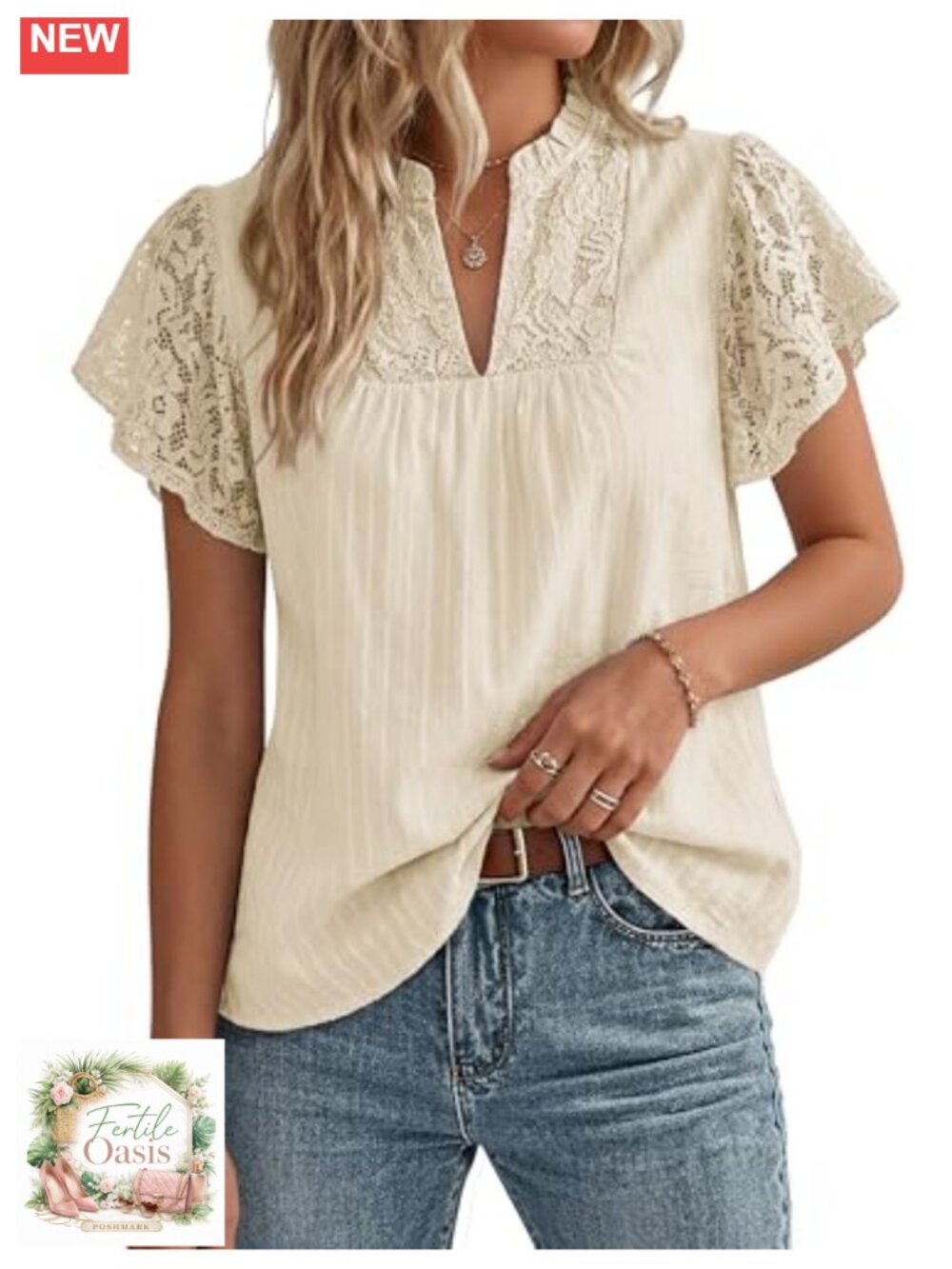 Lace Trim V Neck Cotton Blend Blouse Dressy Casual Flowy